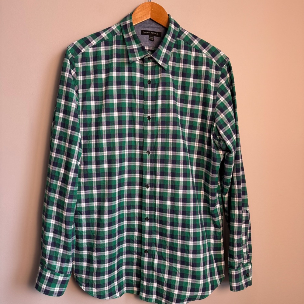 Banana Republic Mens Flannel Window Plaid Button Up Long‎ Sleeve Shirt Green Lg